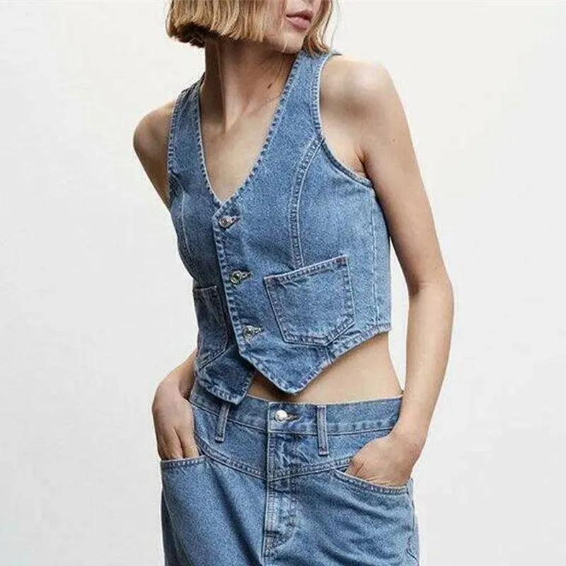 Women's Denim Vest Sleeveless Crop Tops Button Denim Gilet Jacket Casual V Neck Jean Waistcoat Streetwear