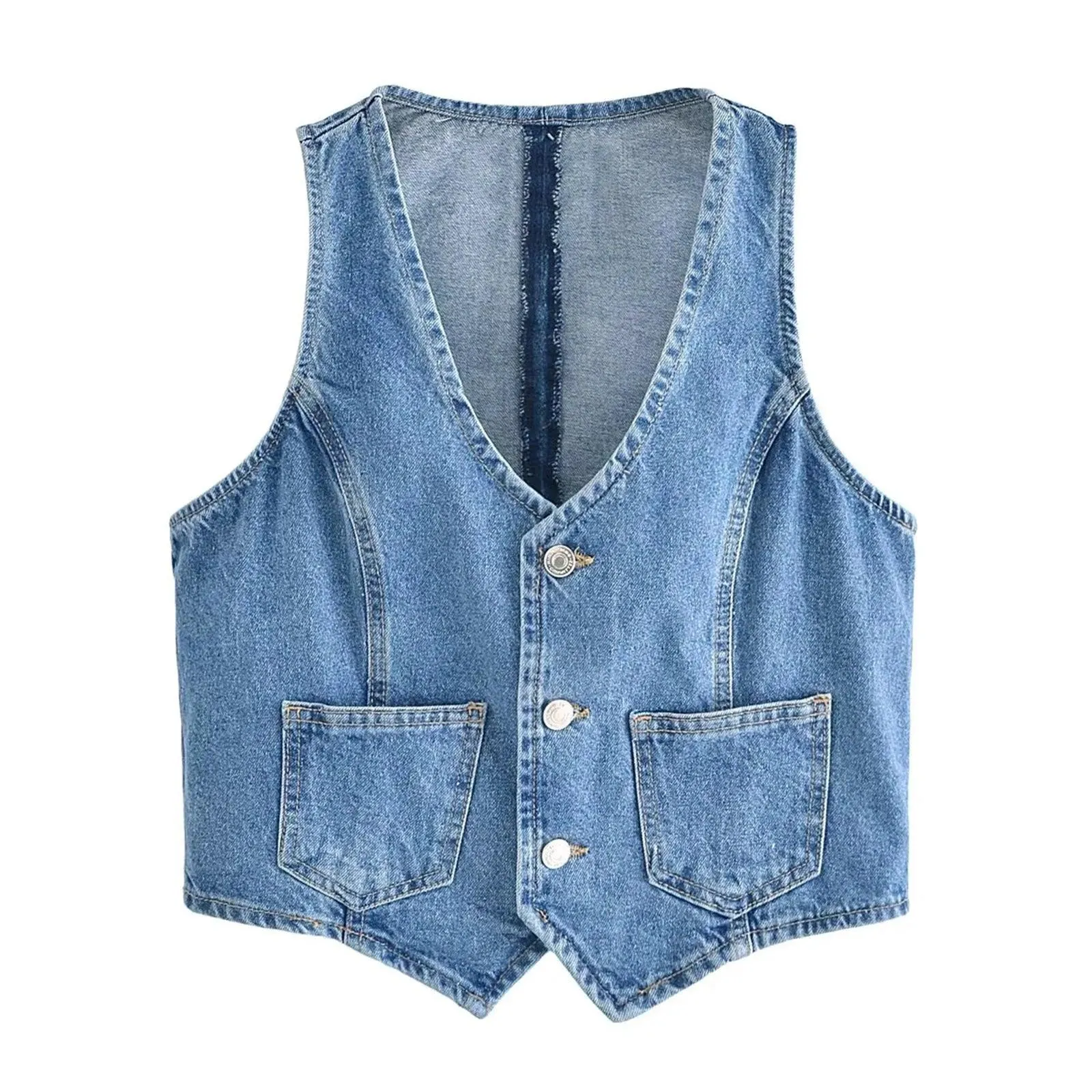 Women's Denim Vest Sleeveless Crop Tops Button Denim Gilet Jacket Casual V Neck Jean Waistcoat Streetwear