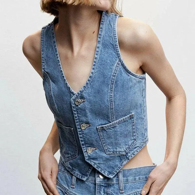 Women's Denim Vest Sleeveless Crop Tops Button Denim Gilet Jacket Casual V Neck Jean Waistcoat Streetwear